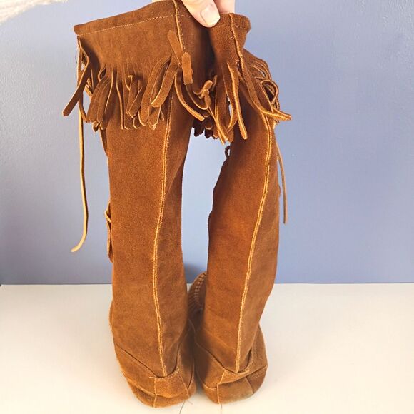 Vintage Minnetonka 1322 Knee High Lace Up Leather Sole Moccasin Boots 7 Boho - Picture 3 of 9